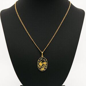 Vintage Spanish Toledo Damascene Pendant 24K Gold Inlay Bird Motif w/ Chain